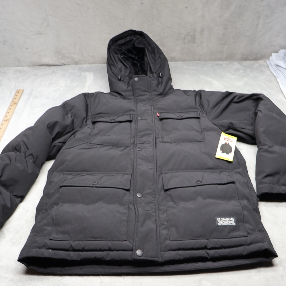 Levis Jacket Mens Medium Black Hooded Quilted Performance Parka Winter NWD